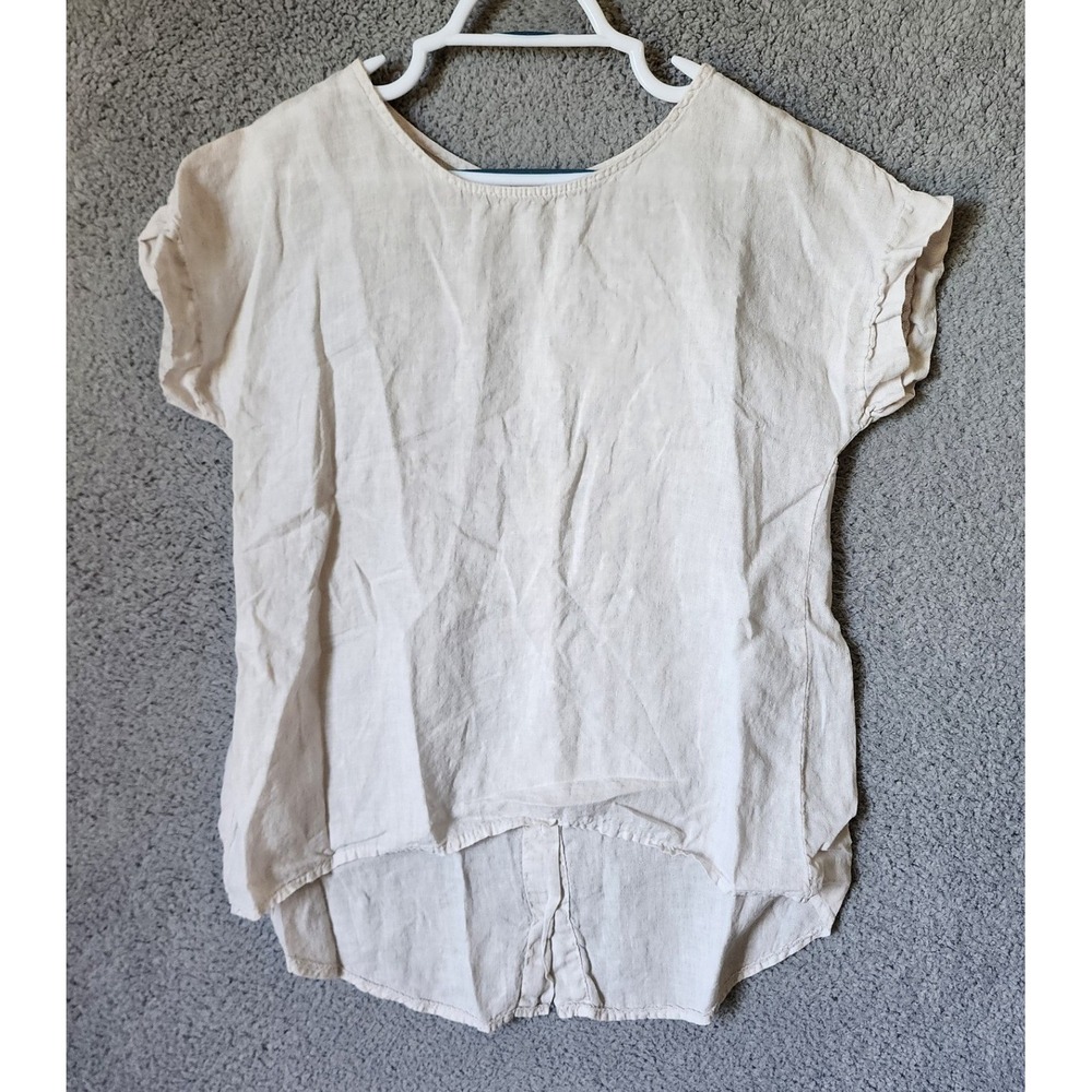 Terzo Millennio Linen Blouse Womens Small Beige Short‎ Sleeve Button Back Italy